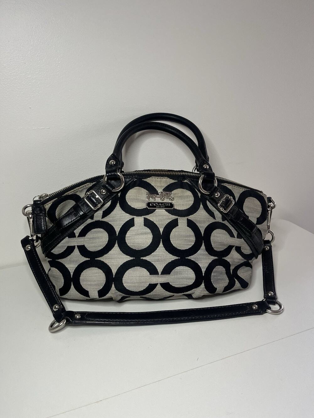 Coach Madison Op Art Satchel Black Gray Leather Trim Handbag Shoulder Purse Y2K